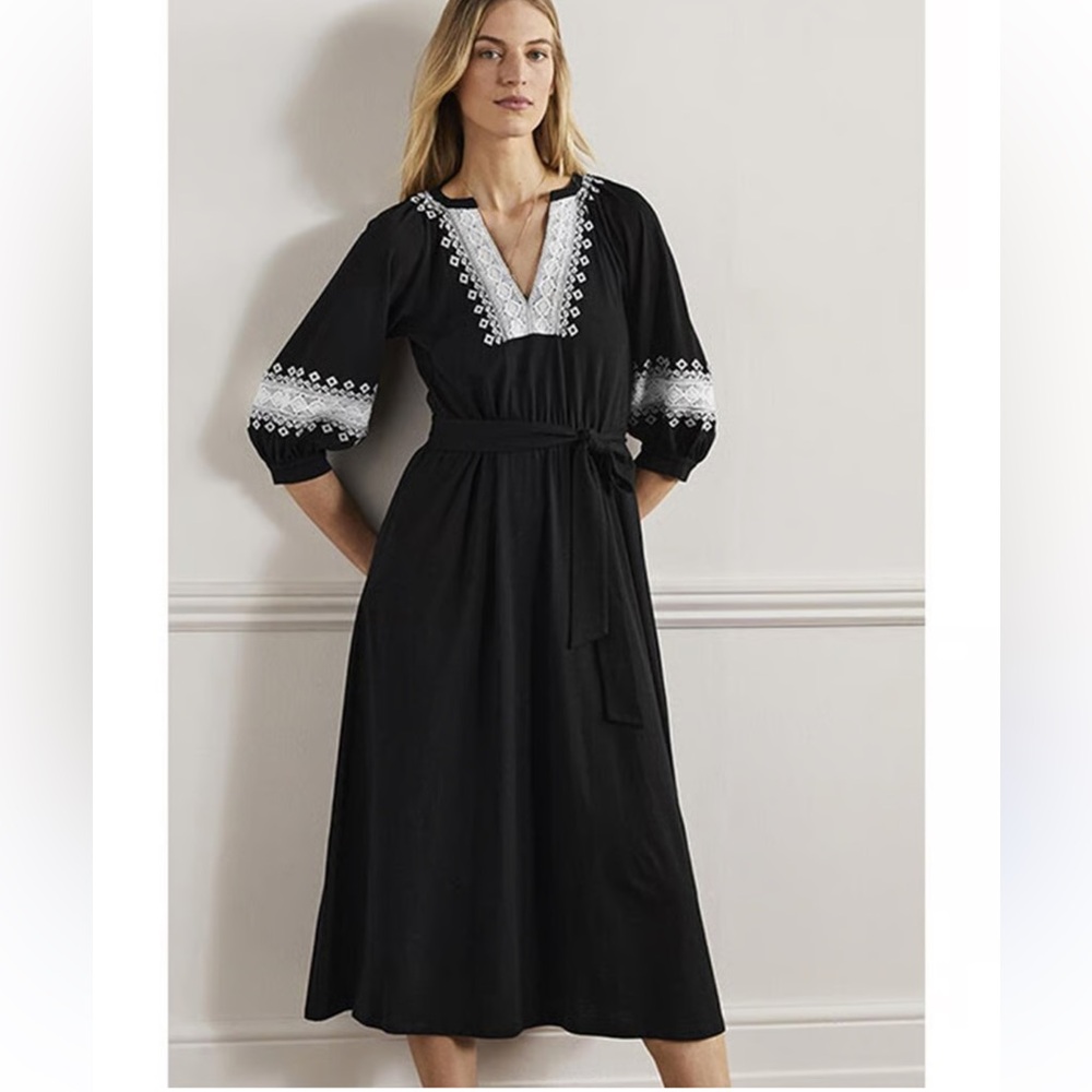 NWT Boden Crochet Trim Jersey Midi Dress Black White 12